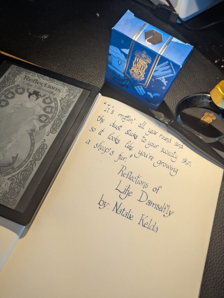 A passage rendered in calligraphy with a Speedball C-5 nib in Ferriswheel Press 'Jelly Bean Blue' ink. Both the decorative box of the ink as well as an ink bottle can be seen on the top right of the picture. 
Beneath it is a Kobo with the cover of book reviewed, on top of the Emilio Braga notebook on which the quote is written. The discerning eye will notice the feathering of the ink on the paper, which kind of, sort of makes me wanna cry?